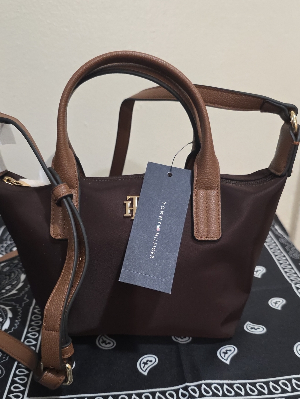 Tommy Hilfiger Chocolate Brown Mini Tote with Tan Trim